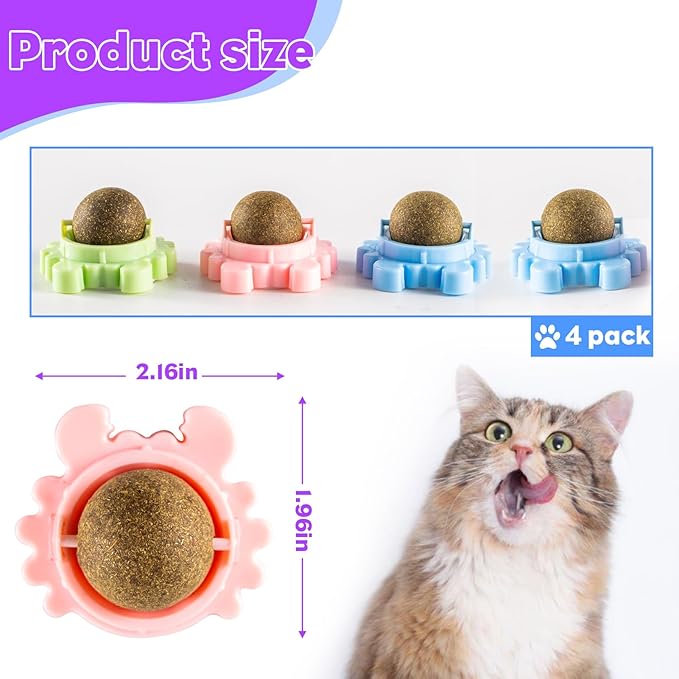 Catnip Balls for Indoor Cats 4 Pack Wall Mounted Rotatable Cat Toys Teeth Cleaning and Stress Relief Adhesive Catnip Stick on Wall Toys Interactive Chew for Kittens Play Entertainment