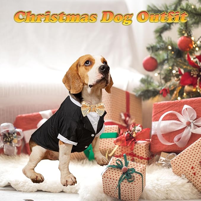 Dog Tuxedo Wedding Outfit Birthday Suit with Gold Bow Tie Formal Dog Tux Party Pet Costume for Small Medium Large Dogs Cats