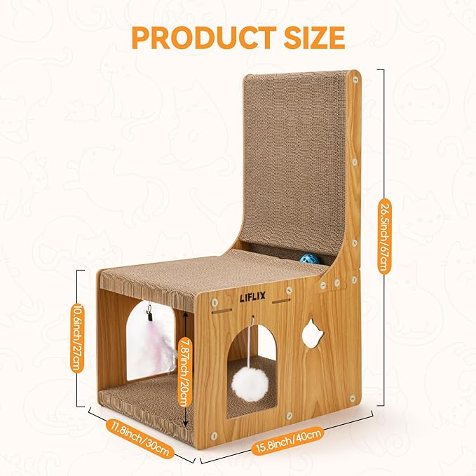 LIFLIX L-Shaped Double-Layer cat Scratching Board, Cardboard cat Scratching Post with Toys, Cat Scratcher & Hideaway for Indoor Cats to Scratch, Rest and Play