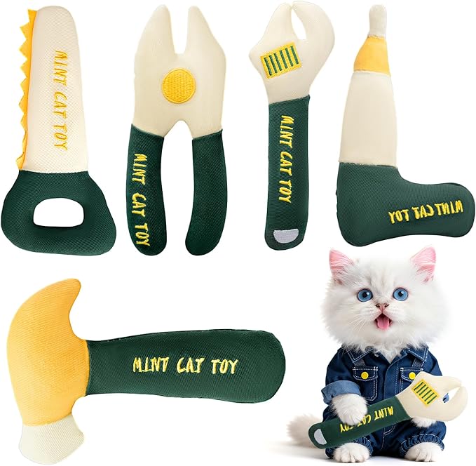 Catnip Toys for Cats, Chew Resistant Cat Toys with Natural Catnip, Interactive Funny Shape Kitten Kicher, Soft Cat Teething Chew Toy for Indoor Cats & Kittens, Tool Shape Pet Toys, 5 Pack