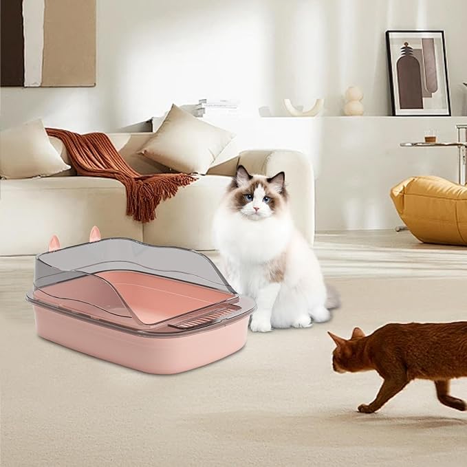 Large Open Cat Litter Box Cartoon Design, Heightened Splashproof Cat Sandbox Kitty Litter Pan Toilet Tray- Pink