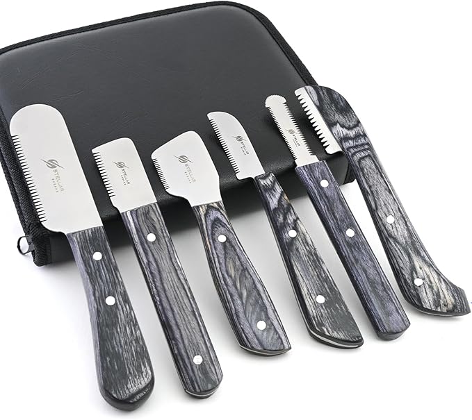 Dog Grooming Stripping Knife Set – 6-Piece Stainless Steel Hand Stripping Tools with Wooden Handles – Coarse, Medium, Fine & Extra-Fine Knives for Dogs, Cats & Wire-Coated Pets (Black)