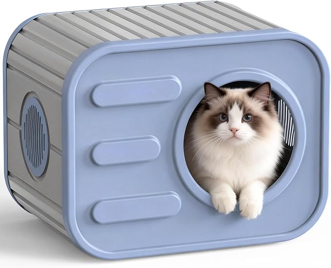 Insulated Outdoor Cat House,Plastic Feral Cat Houses for Outdoor Indoor Cats with Camera Appearance & Large Door,Stackable Cat Houses & Condos,Spacious Cat Bed Cave,Easy to Clean,Blue