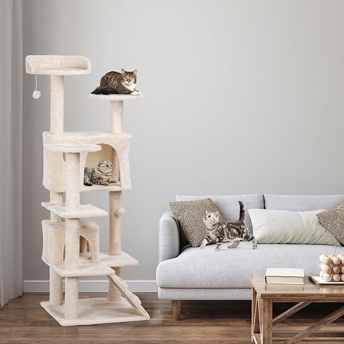54in Cat Tree for Indoor Cats Multi-Level Condo Tower Bed Furniture Kitten Play House with Scratching Posts, Beige