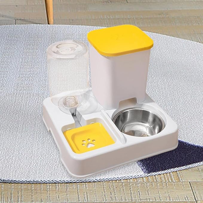 Automatic Dog Cat Feeder Dry Wet Food Separation Smooth Surface Removable Bowl for Small Animals Puppy- Yellow White