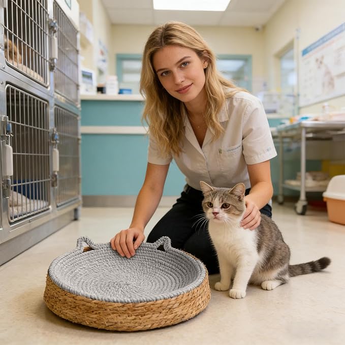 Woven Cat Scratch Bowl - Cotton Rope Round Cat Bed, Kitten Ear Design Scratching Board, Durable Claw Grinding Lounge Toy,