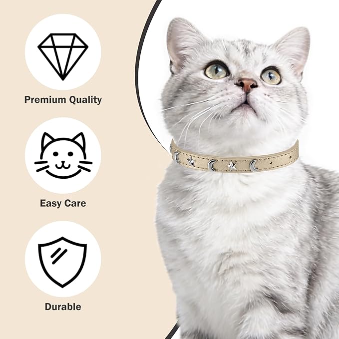 Leather Cat Collars for Boy Girl Cats with Bell and Safety Elastic Belt, Personalized Star and Moon Stud Adjustable Safe Buckle Collar for Kitty Small Big Cats Size 7-9 Inch, Gold