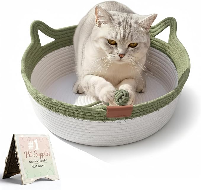 Instinct Basket for Cats - Handwoven Cotton Rope Enrichment Bed with Attached Toy Tail, Scratchable Interactive Pet Nest Features Flexible Walls to Fight Boredom & Protect Furniture (Green, L)