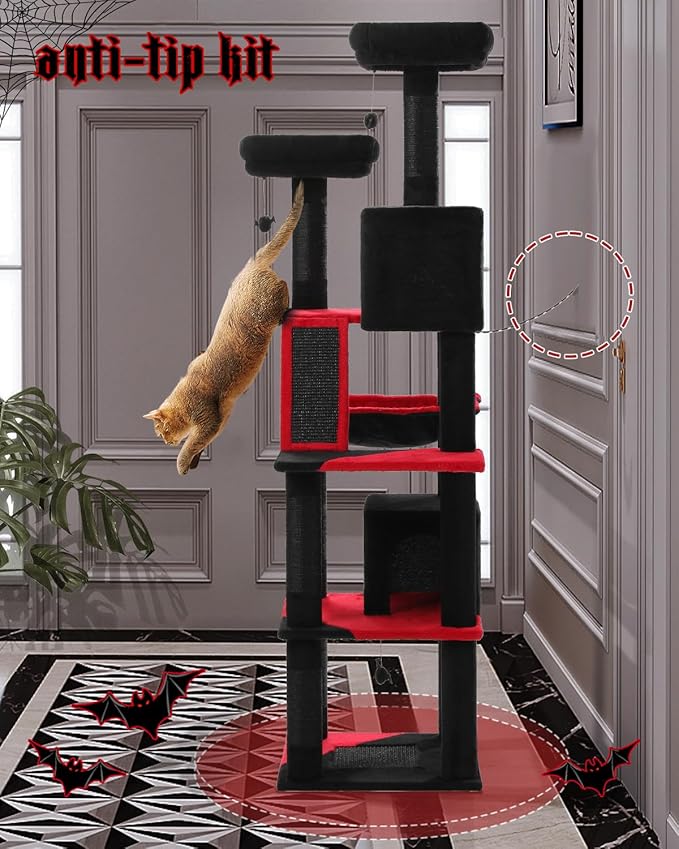 MUTTROS Gothic Cat Tree for Large Cats, 70.9" Tall Black Cat Tower with Coffin Bed, Cat Condo, Sisal Scratching Posts & Top Perch, Spider Hanging Ball, Multi-Level Spooky Cat Tree, Halloween, Black