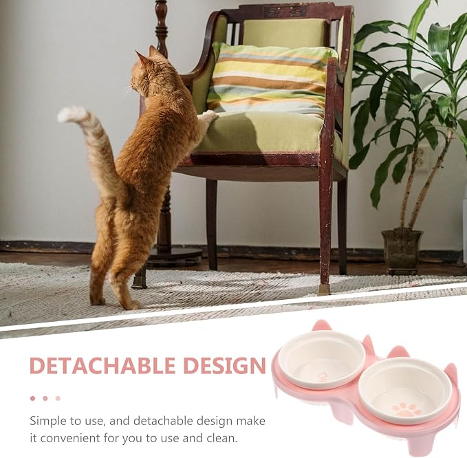 Elevated Ceramic Cat Bowl Set with Thickened Pink Bowls and Anti-Slip Stand, Raised Pet Feeding and Watering Dish for Indoor Cats and Kittens