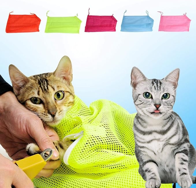 Cat Bathing Bag, Polyester Soft Cat Washing Bag Pet Care Mesh Grooming Restraint Multi-Functional Adjustable for Nail Trim Examining Ear Clean Injecting Bathing