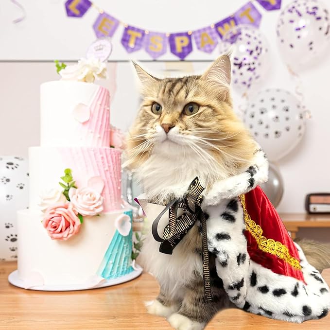 Cat King Cape Birthday Party Supplies, Lux Fur Red Dog Cloak for Halloween Christmas Costumes, Queen Prince Princess Cosplay Cats Kittens Apparel Birthday Decorations Outfits
