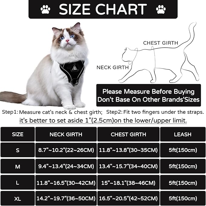Cat Harness and Leash Set for Small Cat Kitten, Escape Proof Adjustable Vest with Lead, Soft Breathable Mesh with Reflective Stripes for Night Outdoor Walking(S, Black)