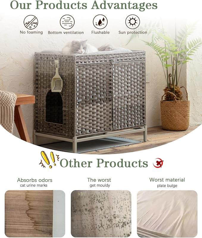 SETVSON Cat Litter Box Enclosure Furniture, Hidden Handwoven Rattan Litter Box with Mat, Large Cat House with Metal Heightened Feet, 30.3 x 18.3 x 28 Inches, Indoor for Living Room, Bedroom Gray