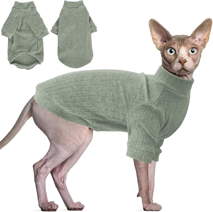 Idepet Sphynx Hairless Cats Sweater Shirt Kitten Soft Puppy Clothes Pullover Cute Cat Pajamas Jumpsuit Cotton Apparel Pet Winter Turtleneck for Cats and Teacup Chihuahua Small Dogs(Green,L)