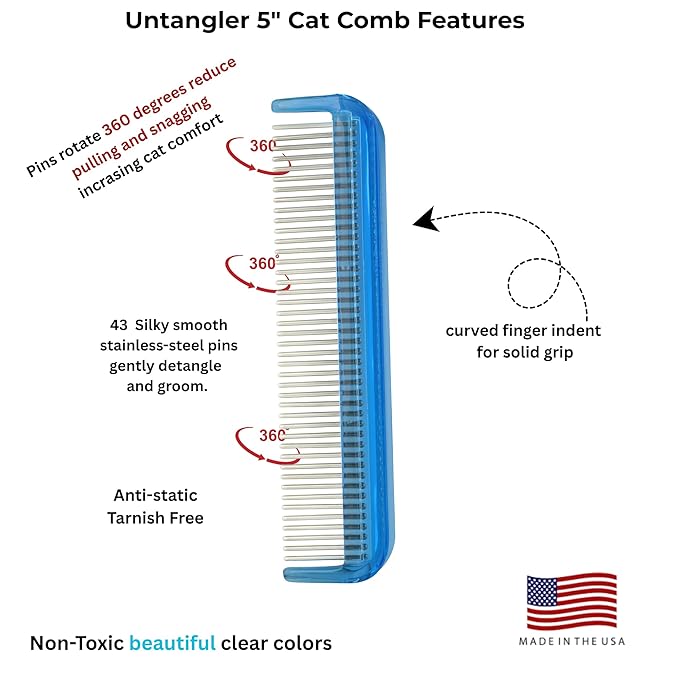 Cat Comb - 5" with ultra fine silky smooth rotating teeth for gentle mat clearing; 7" with dual-spaced teeth, SkyBlue