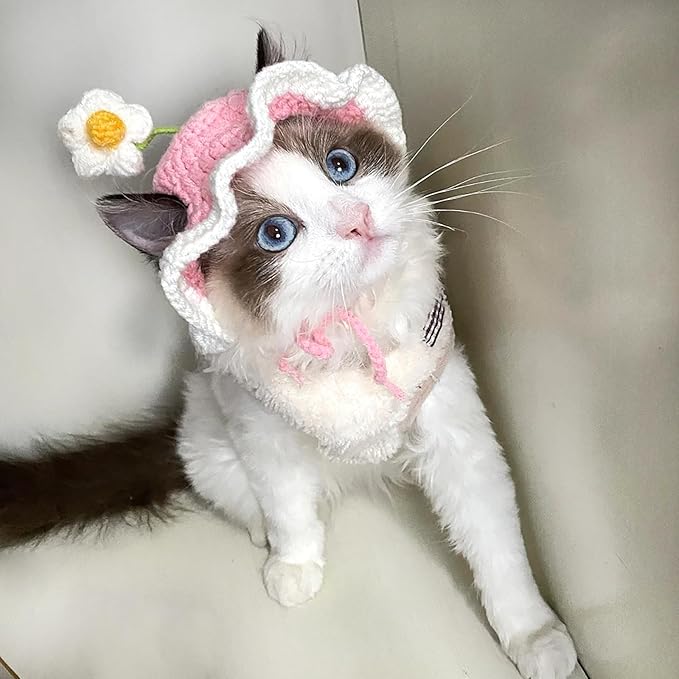 Cute Knit Cat Hat,Handmade Crochet Dog Hat Halloween Christmas Party Costume Headwear for Puppy Cat Kitten Pet Puppies (Pink, Small)