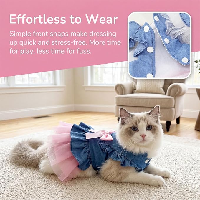 Dog Cat Denim Tutu Dress, Princess Puppy Kitten Outfit with Pearl Bow & Stand-Up Collar, Sleeveless Pet Clothes for Wedding Birthday Party, Easy Front Snap Closure for Chihuahua (Pink-Denim, Medium)