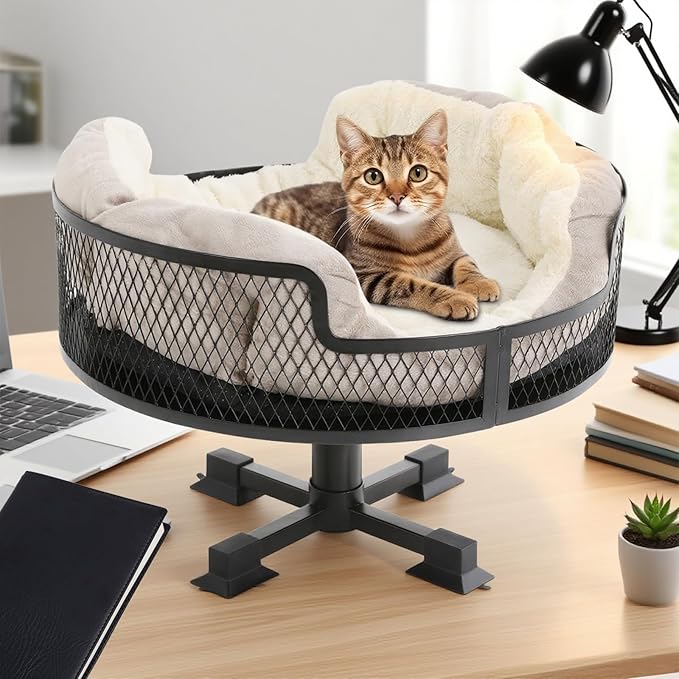 Desk Cat Bed, Stable Stainless Steel Cats Bed with Pad, Modern Pet Furniture Cat Nest, 22Lbs Capacity Desk Stand for Small & Medium Cats & Dog, for Living Room, Study Room, Office