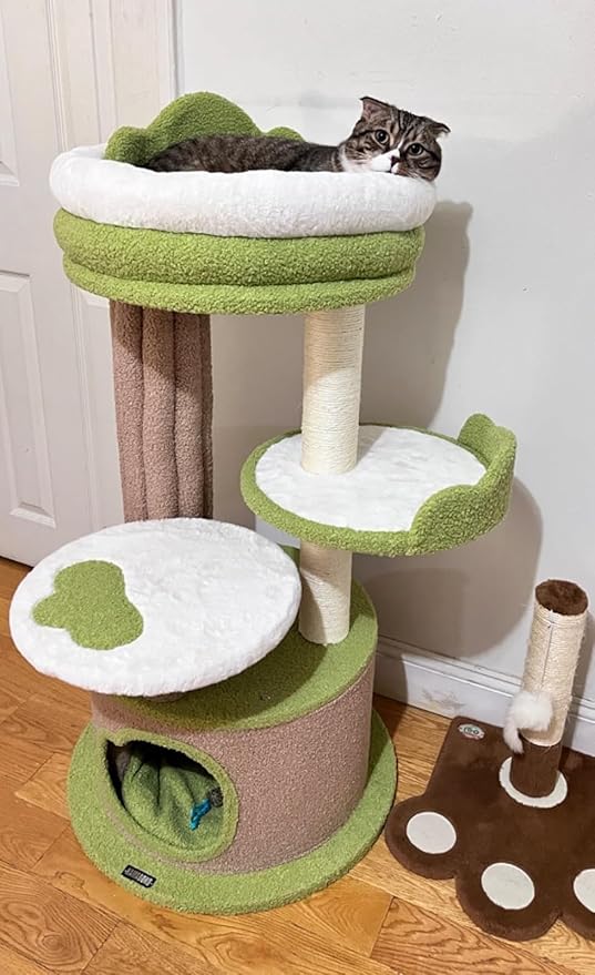 KAMABOKO 42.5" Cute Cat Tree, Green Cat Tree for Indoor Cats, Aesthetic Cat Tower with Teddy Fleece, Cats Condo, Unique Cat Furniture for Small Space - Perfect for Your Feline Pal