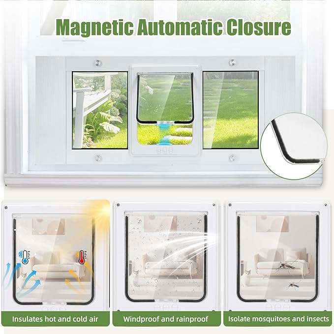 Cat Door for Window, Aluminum Window Pet Door for Cats & Small Dogs, Width Adjustable to Fit Width 23"-28", 4 Locking Modes, Magnetic Close, Weatherproof Design