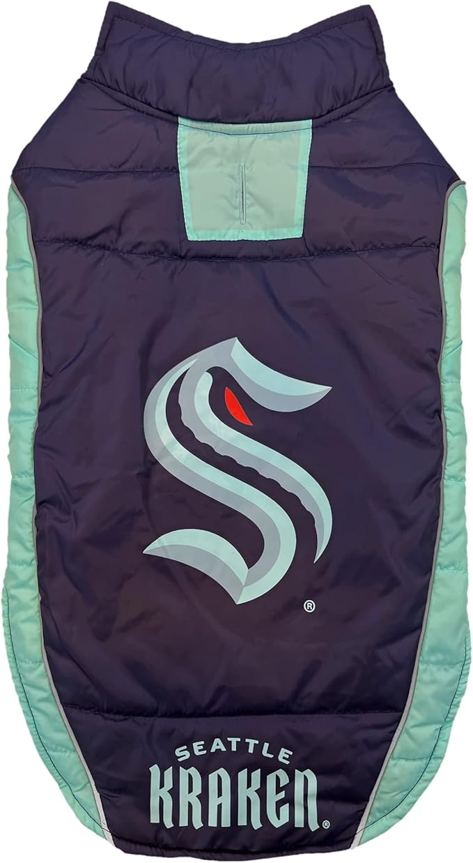 Pets First NHL Seattle Kraken Puffer Vest for Dogs & Cats, Size Small.Warm, Cozy, and Waterproof Dog Coat, for Small and Large Dogs/Cats. Best NHL Licensed PET Warming Sports Jacket