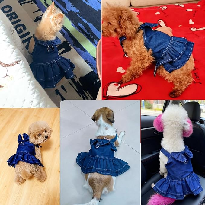 Denim Pet Dress & Vest Harness for Dog Cat, Male Female Universal with D-Ring, Bow Decor Ruffled Skirt Breathable Clothes for Small to Large Pets (Large, Skirt-Blue Denim)