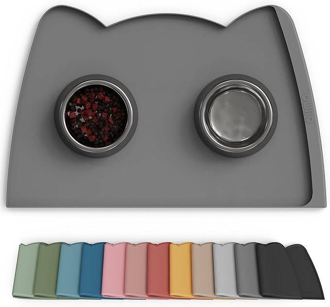 OHMO Dog Food Mat(Dark Grey, 24 * 15'') w/Residue Collection Pocket Silicone Pet Feeding Mat for Floor High Edges Anti Spills Waterproof Cat Water Bowl Tray, Easy Clean Placemat