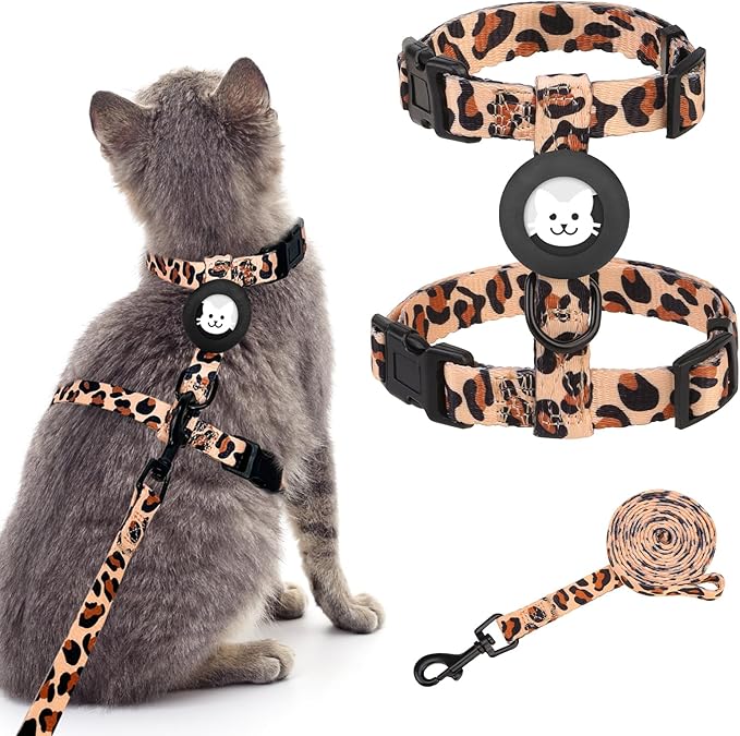 BINGPET Cat Harness with Airtag Holder, Cat Harness and Leash Set Escape Proof for Walking Travel Outdoor, Soft Adjustable Kitten Harnesses for Small Medium Large Cats, Leopard(Chest:12.5"-18")