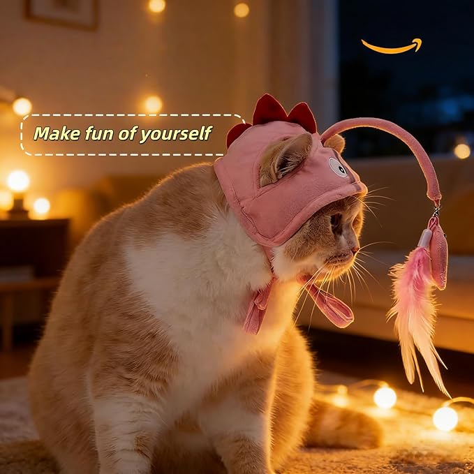 Cat Hat Toy Feather Wand Teaser Cat Toys (Pink)