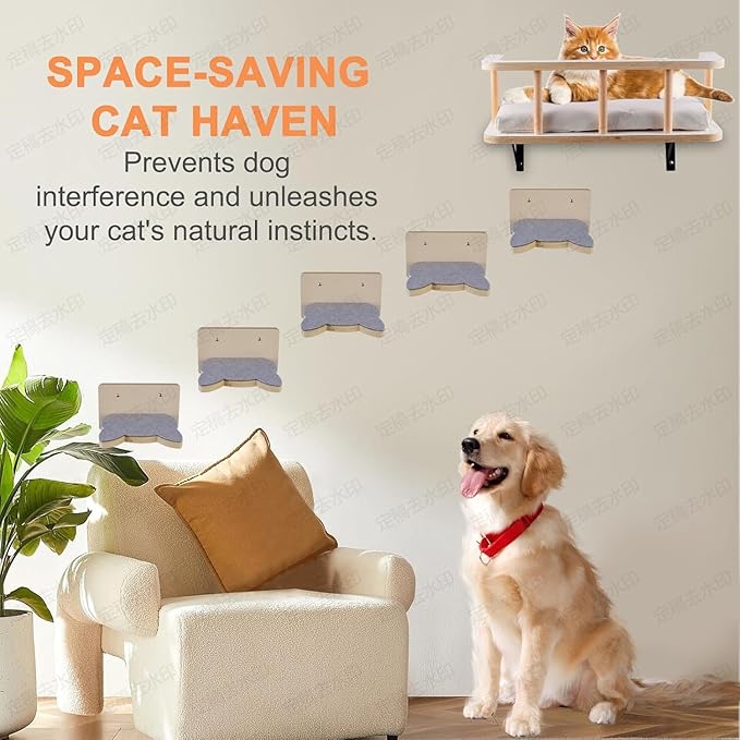 Solid Wood Wall Mounted Cat Steps, Cat Wall Furniture Shelves Stairs Perch(Natural Wood)