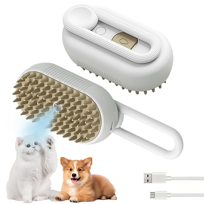 3-in-1 Cat Grooming Brush – Water Spray & Self-Cleaning Shedding Brush for Cats & Dogs – Pet Hair Removal & Massage Comb for Long & Short Hair (beige). (Beige)