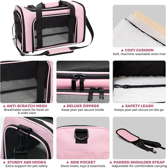 Soft-Sided Cat Carrier Expandable Pet Carrier Airline Approved Mesh Travel Carrier Up to 15lbs for Cats Small Dogs Collapsible Escape-Proof with Shoulder Strap (18x11x11 Pink)