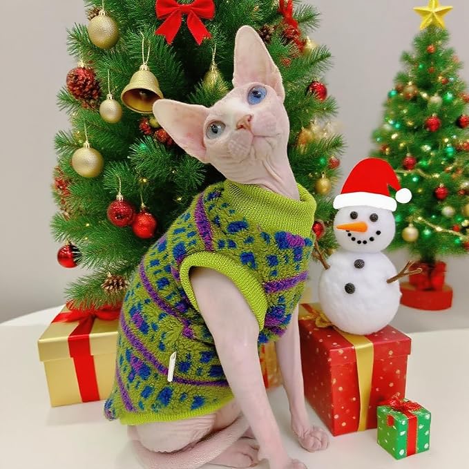 Sphynx Cat Winter Sweater, Warm Soft Fluffy Pet Clothes, for Hairless Cats, Cornish Rex, Devon Rex (Green, XXL (9.5-12 lbs))