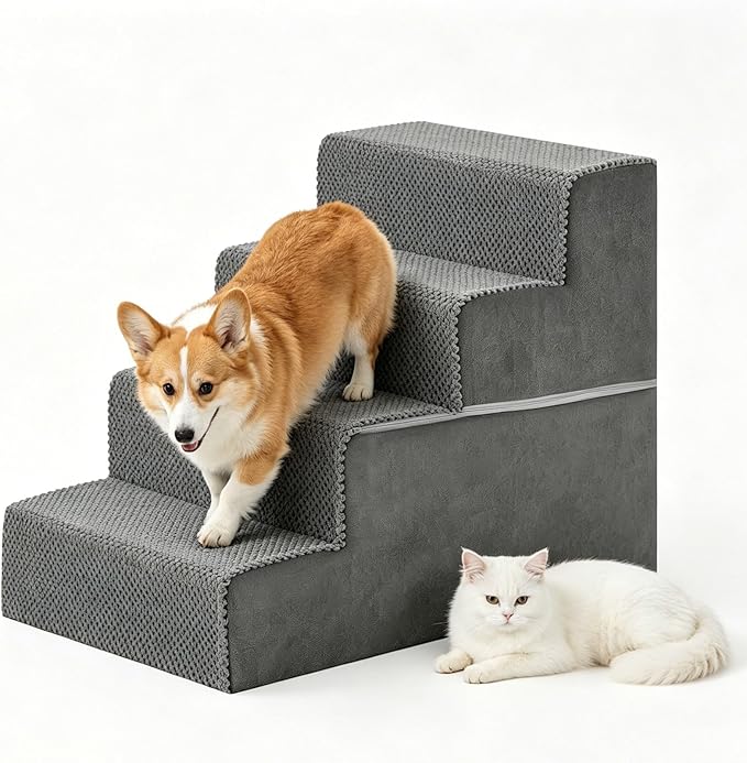 DUMOS Dog Stairs for Small and Medium Dogs, 4-Step Pet Steps with High-Density Foam, Indoor Non-Slip Pet Ramp for Puppy and Older Dogs Cats, Dog Bed Stairs for Couch and Sofa(Grey)