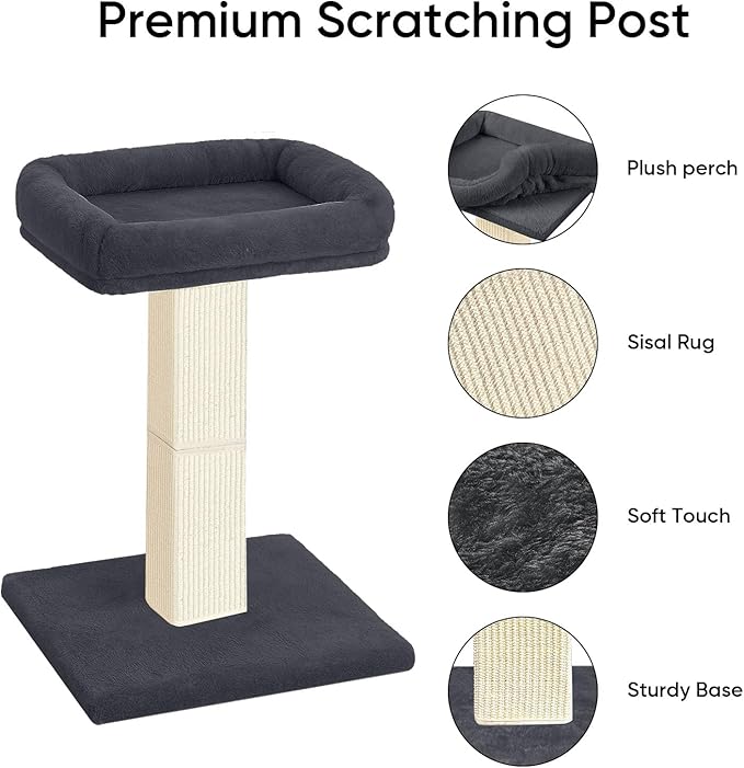 Cat Scratching Post, 32”Cat Scratcher with Large Plush Perch, Sisal & Carpet Scratching Post, Vertical Posts with Elevated Bed for Indoor Cats, Removable& Washable Cover, Dark Grey