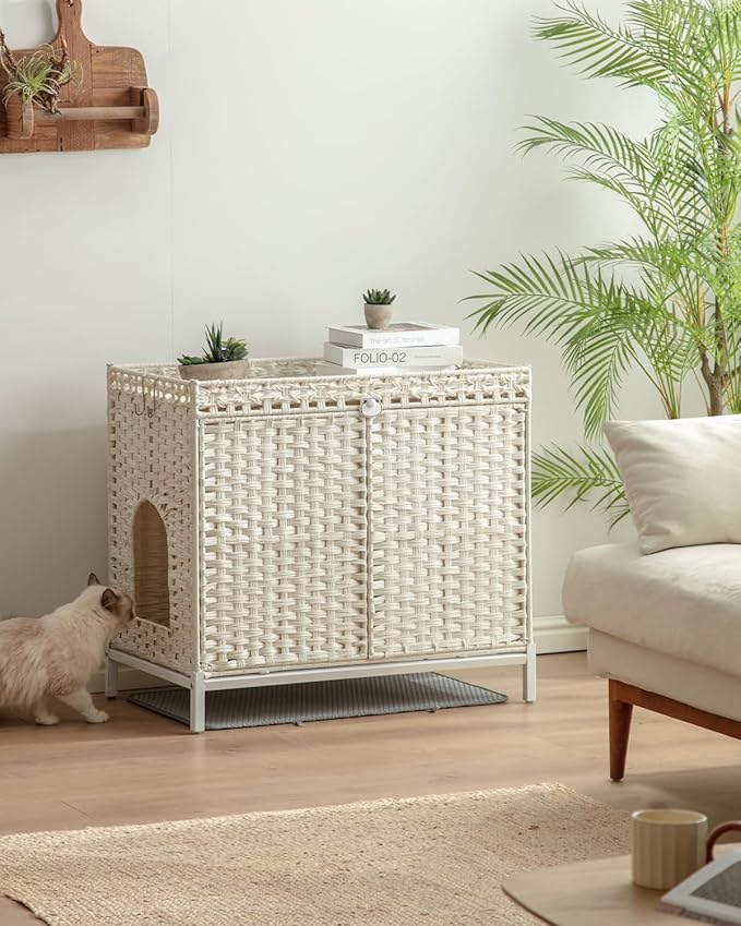 SETVSON Cat Litter Box Enclosure Furniture, Hidden Handwoven Rattan Litter Box with Mat, Large Cat House with Metal Heightened Feet, 30.3 x 18.3 x 28 Inches, Indoor for Living Room, Bedroom White