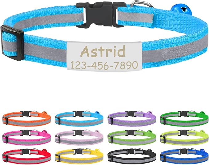 CAMAL Cat Collar with Name Tag, Reflective Cat Collar Breakaway for Kitten Puppy, Personalized Cat Collar, Adjustable 7.5"-12.5" (Sky Blue)