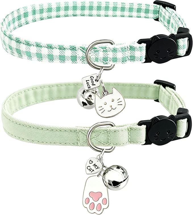 2 Pack Cotton Breakaway Cat Collars with Bell and Charms Green Solid Plaid Safety Collars for Girl Boy Cats, Cat Head and Paw Pendant Cute Kitten Collars