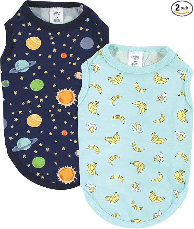 Luvable Friends Dog Pet Dog and Cats Cotton T-Shirts 2pk, Bananas Space, Medium