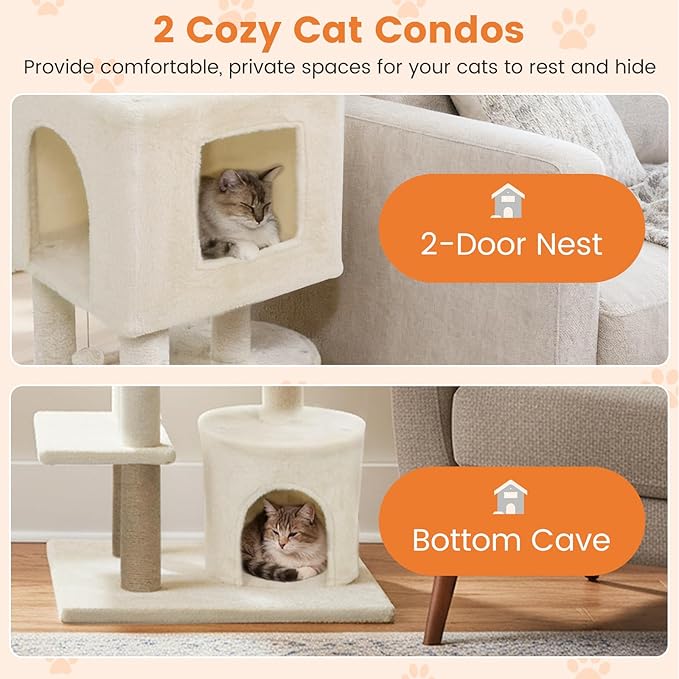 Tangkula 64 Inch Tall Cat Tree, Multi-Level Cat Tower with 2 Large Condos, Jute Scratching Posts, Plush Top Perch, Dangling Toys, Cat Climbing Furniture for Indoor Adult Cats & Kittens (Beige)