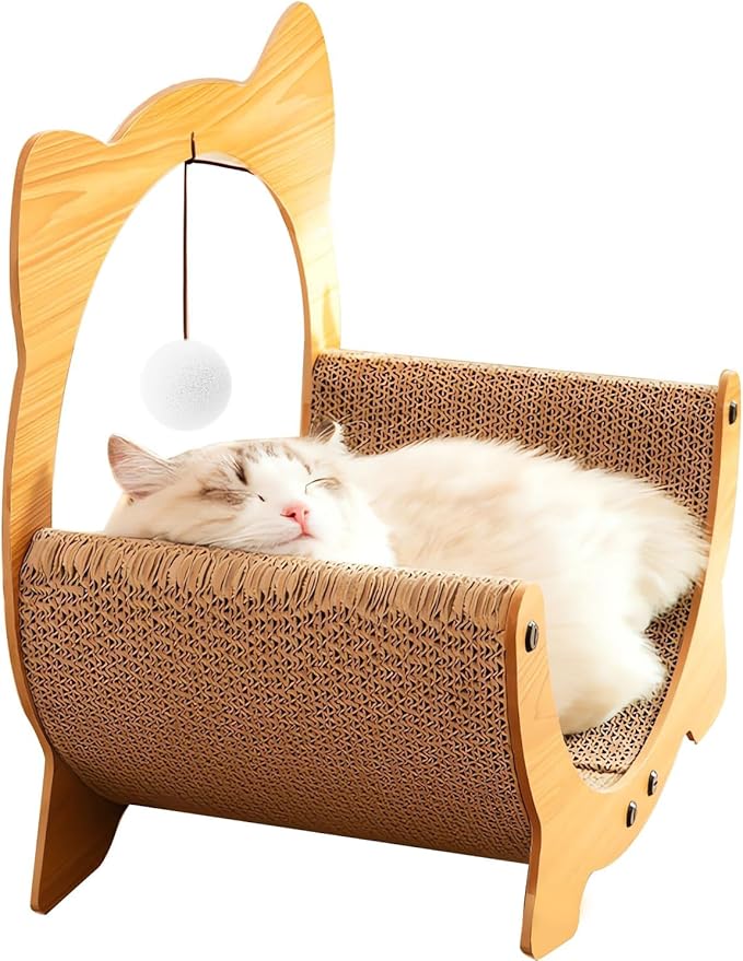 Upgrade 2 in 1 Cat Scratcher Board, Lounger and Fun Interactive Scratch Pad, Heavy Duty Corrugated Cat Scratching Pad for Indoor Cats of Small Medium Size (Yellow)