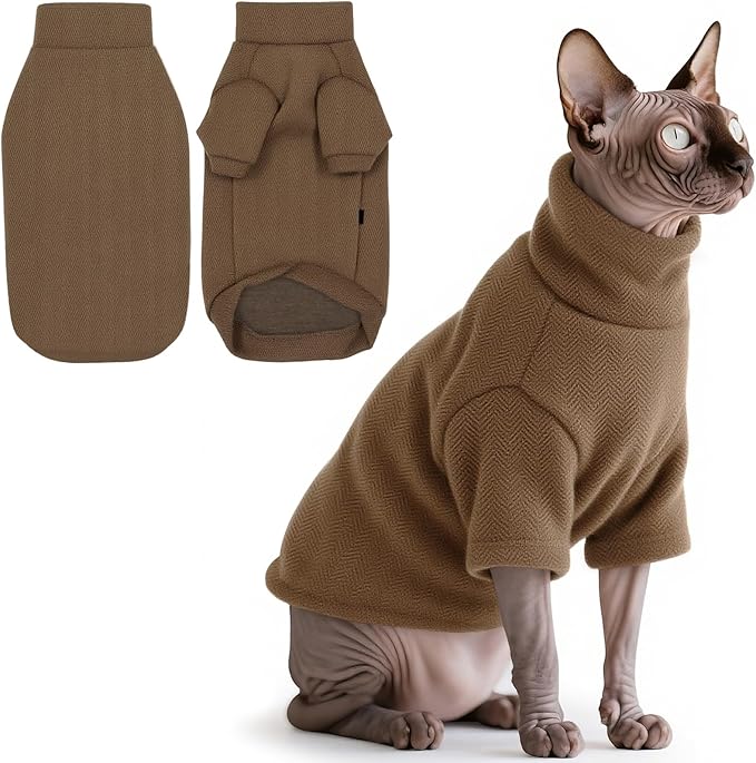 Idepet Sphynx Cat Warm Turtleneck Sweater Hairless Cats Shirt Pullover Kitten T-Shirts Thick Soft Fleece Clothes Cute Outfit Coat Pajamas for Cats and Puppy (Coffee, Small)