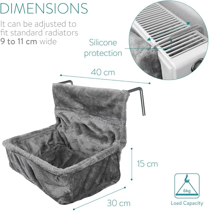 Navaris Cat Radiator Bed - Hanging Plush Basket Hammock with Cushion and Adjustable Metal Frame to Hook onto Radiators - 6kg Maximum Weight - Grey