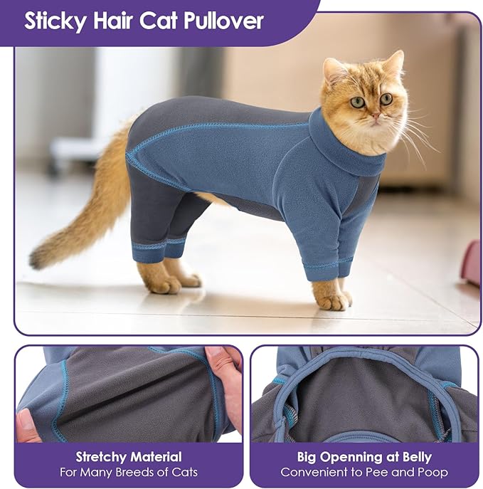Hair Sticky Cat Clothes, Cat Sweater for Cats Only, 4-Legged Fleece Sweaters Kitten Pajamas Reduce Shedding Fur, Warm Pullover Shirts for Cats, Blue S