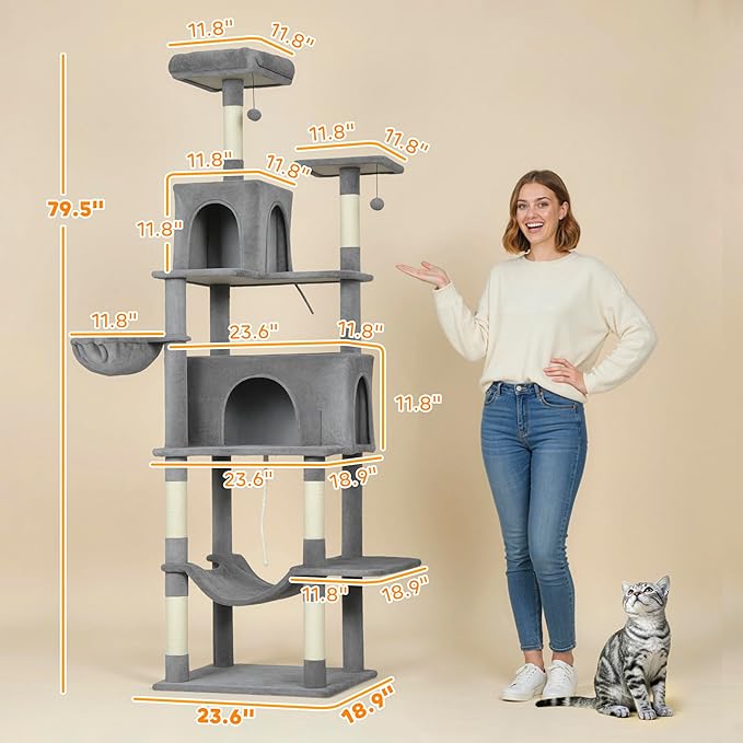 PawHut Cat Tree, 80" Large Cat Tower for Indoor Kittens with 2 Spacious Condos, Sisal Scratching Posts, 2 Hanging Balls, Comfy Hammock, Perches, Bed, Dark Gray