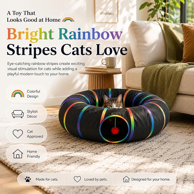 Cat Tunnel Toy with Plush Ball & Cat Wand Feather Toys-Portable Tattaff Waterproof Washable-Interesting Pattern Collapsible Black Rainbow