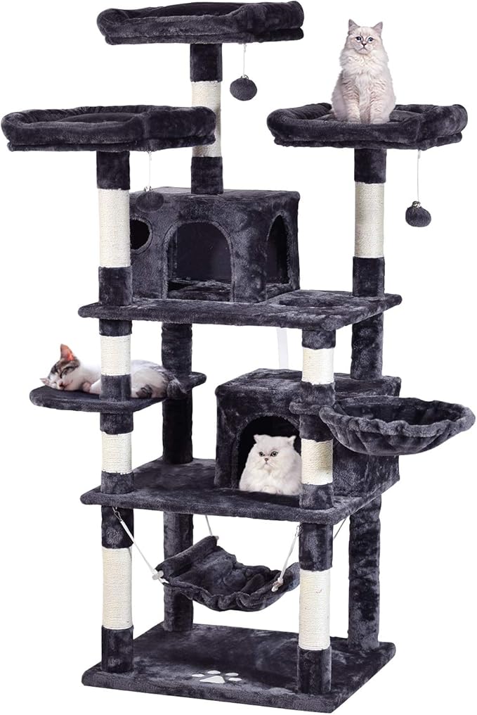 MQ Multi-Level Cat Tree, Activity Centre Cat Tower Furniture with Sisal-Covered Scratching Posts, 3 Padded Plush Perches, Dual Condo & Basket, Removable Hammock, for Large Cats, Grey