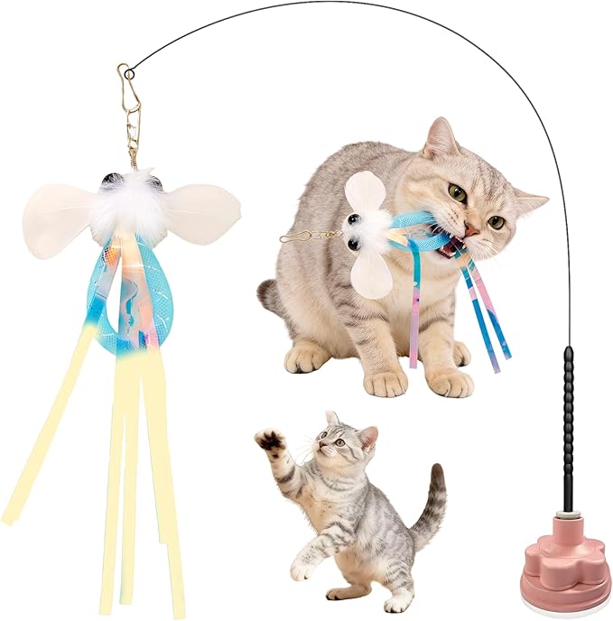 Walfront Interactive Cat Toys with Sky Blue and Pink Flower Suction Base, Indoor Cat Toy for Overweight or Inactive Cats, Multi Cat Homes, Boosts Activity, Self Play and Interactive Fun