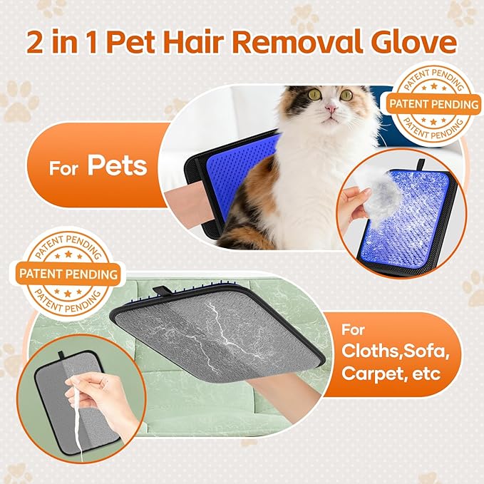 2 in 1 Pet Hair Removal Glove, Upgraded Pet Hair Remover Tool, Gentle Shedding Silicone Magic Brush for Dogs & Cats, Efficient Fur Removal Mitts for Couch Carpet Clothing (Blue)